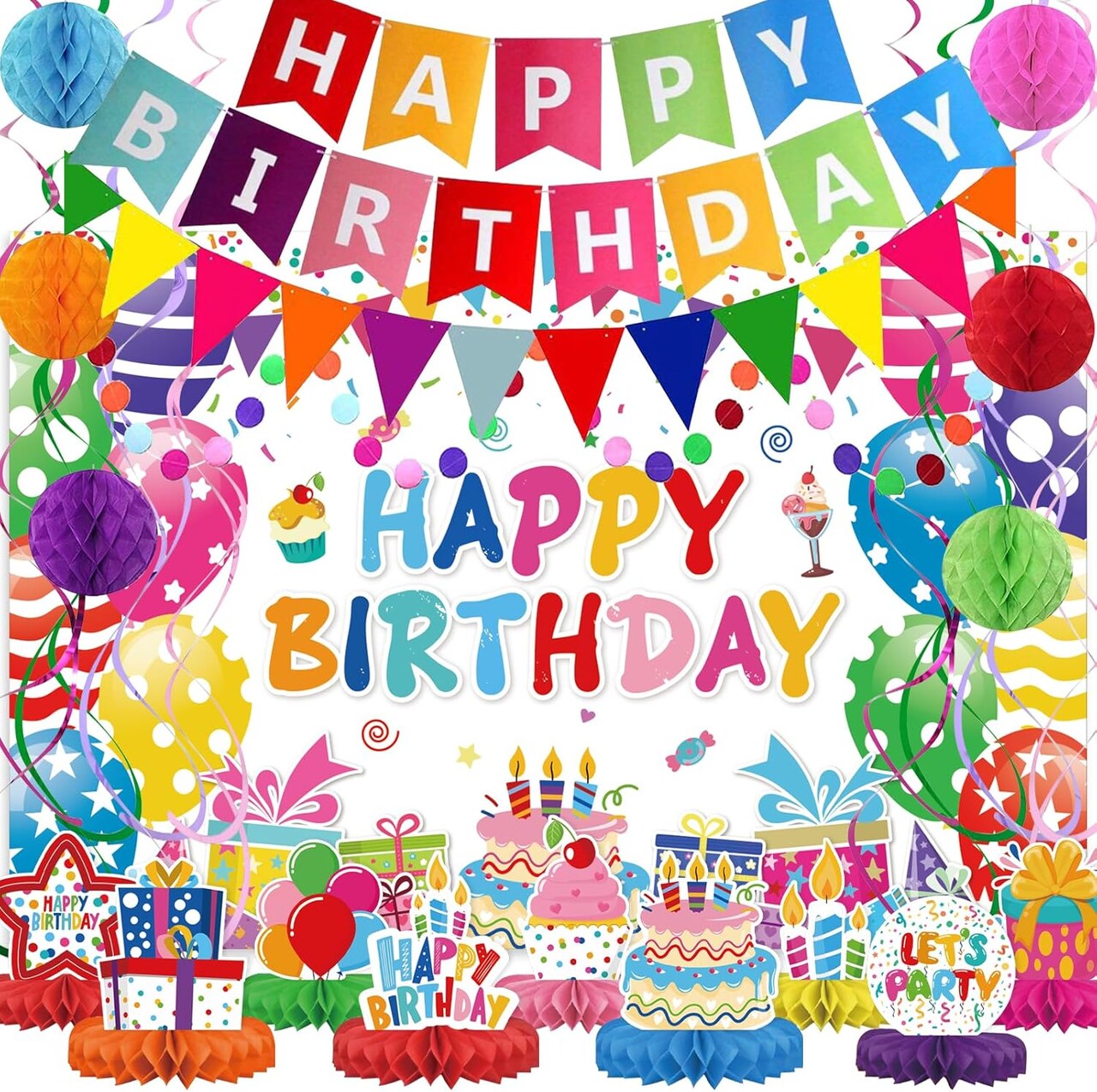 Birthday Decorations Kit, Birthday Party Banner, Honeycomb Balls, Metallic Hanging Swirls, Circle Garland, Colorful Birthday Decorations